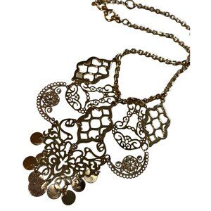 Gold Delicate Lacy Open Draping Bib Ethnic Statement Necklace